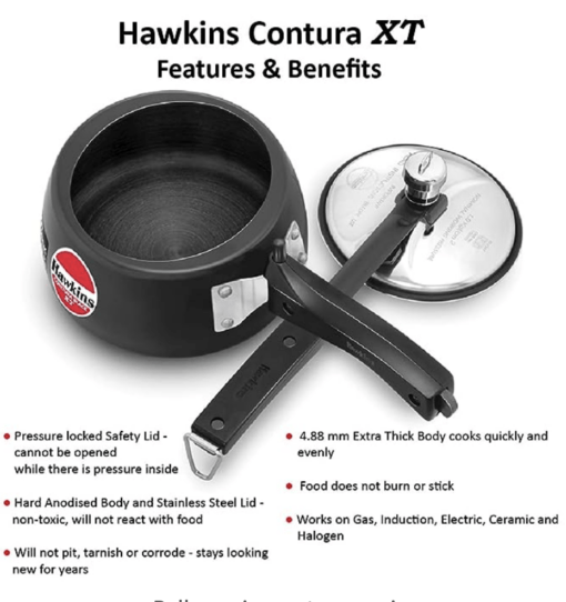 Hawkins 1.5 Litre Contura Black XT Pressure Cooker, Hard Anodised Inner Lid Cooker, Small Induction Cooker, Extra Thick Handi Cooker, Black (CXT15) - Image 3